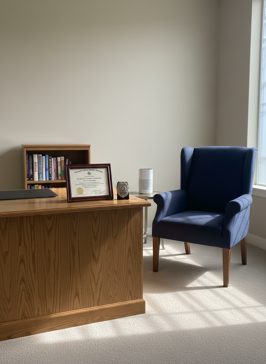 A carefully arranged counseling office specifically designed for first responders, shown in photographic realism. A sturdy navy-blue upholstered armchair faces a solid oak desk with a neatly framed professional counseling license and a small metal badge displayed beside it, suggesting law-enforcement experience while preserving anonymity. The room features neutral walls, a simple bookcase with trauma-informed care literature, and a sound machine on a side table, emphasizing privacy. Soft afternoon natural light filters through frosted windows, creating a calm, secure atmosphere with gentle shadows. Captured at eye level with balanced composition and moderate depth of field, the scene feels professional, confidential, and reassuring, without any people present.