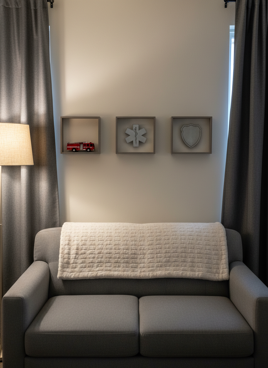 A detailed photographic scene of a counseling room tailored for firefighters, paramedics, and law enforcement, without any people. On one wall, three minimalist shadowbox displays hold neutral objects: a small red model fire engine, a simple silver medical star symbol, and a generic metal shield, all without department names or identifying marks. Below them stands a comfortable gray sofa with a soft throw blanket. A subtle floor lamp casts warm, diffused light, enhancing a sense of safety and discretion. The background features heavy, sound-dampening curtains over a window. Shot with a mid-range focal length and moderate depth of field, the composition balances the symbolic objects and the welcoming seating area.