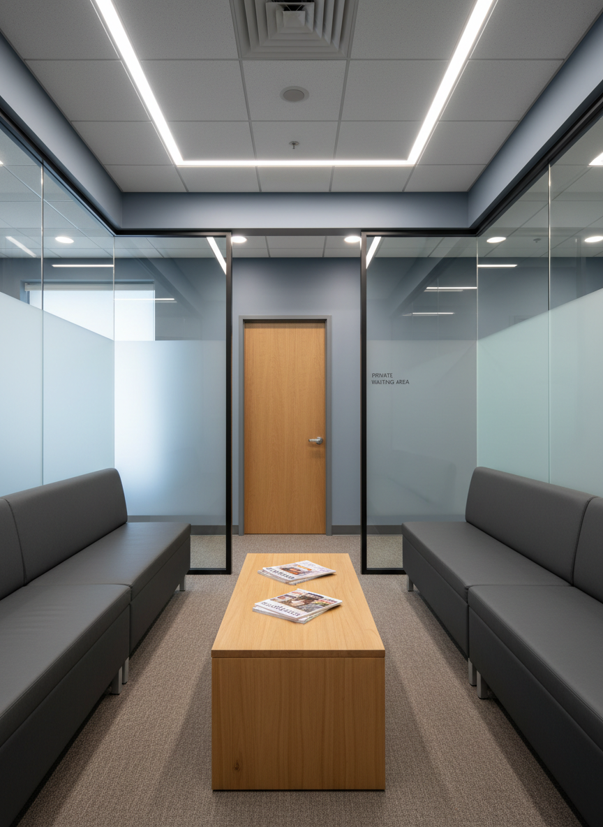 A serene, private waiting area for a first responder counseling office, photographed with realistic detail. Dark, durable seating benches are arranged along the walls, avoiding personalizing elements, with a low wooden table in the center holding a few carefully selected magazines about wellness and resilience, no faces visible. Frosted glass panels and a solid door emphasize privacy and sound insulation. Soft, indirect ceiling lighting creates an even, gentle illumination with minimal shadows, contributing to a calm, stigma-free atmosphere. Captured at eye level with a wide composition showing the entire space, the scene feels professional, secure, and respectful, clearly dedicated to those who serve in high-stress roles.