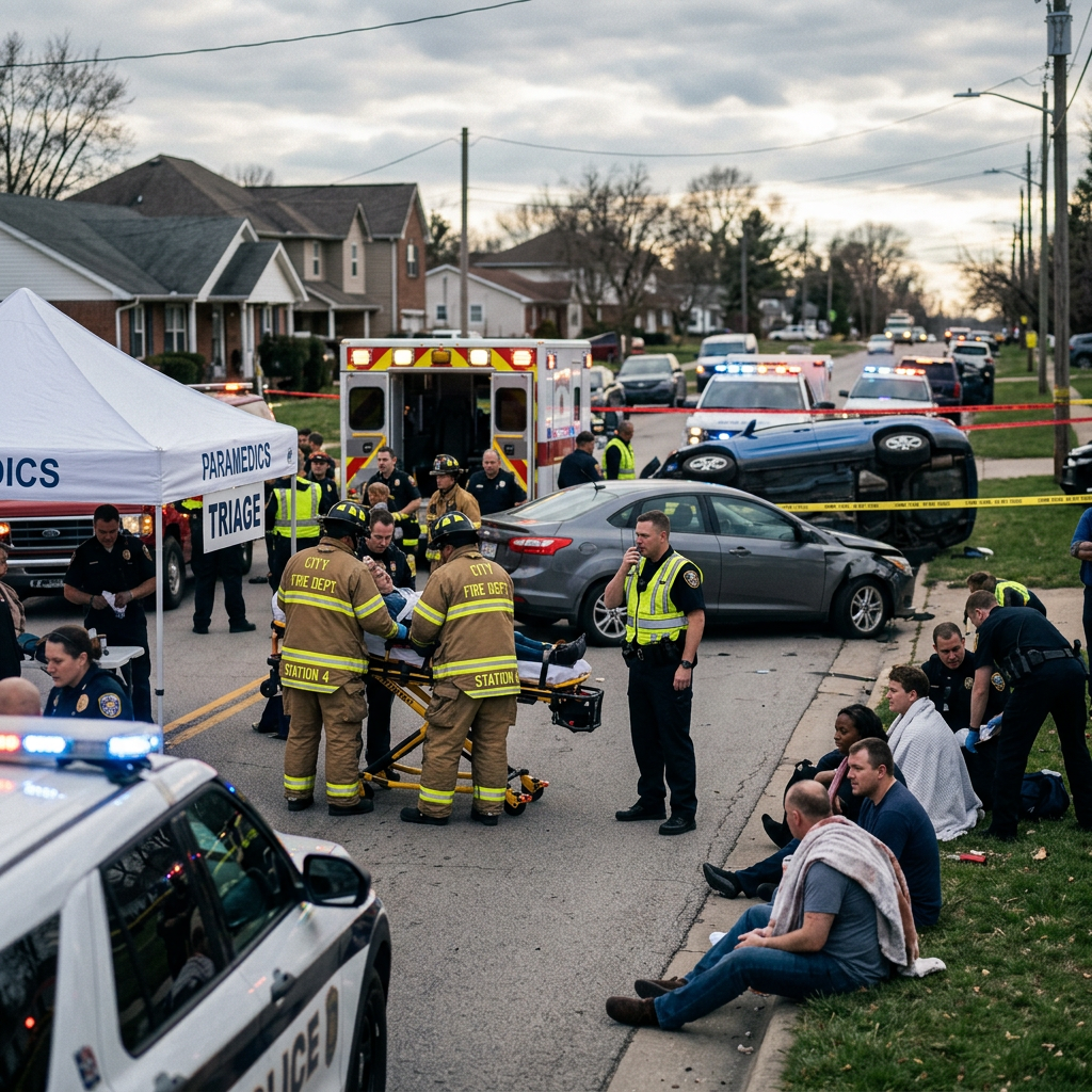 Emergency responders assisting injured people near an overturned car after a traffic accident