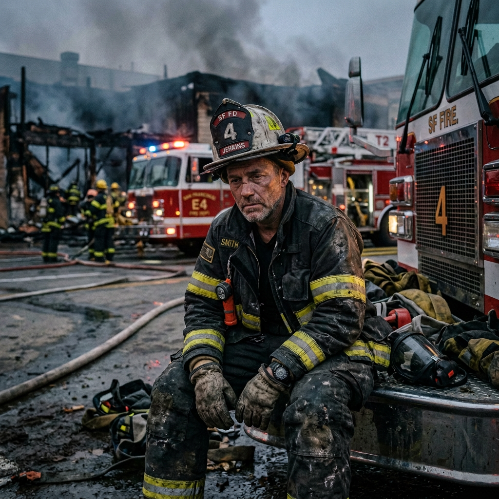 Firefighter sitting on fire truck bumper with smoky burnt building in background
